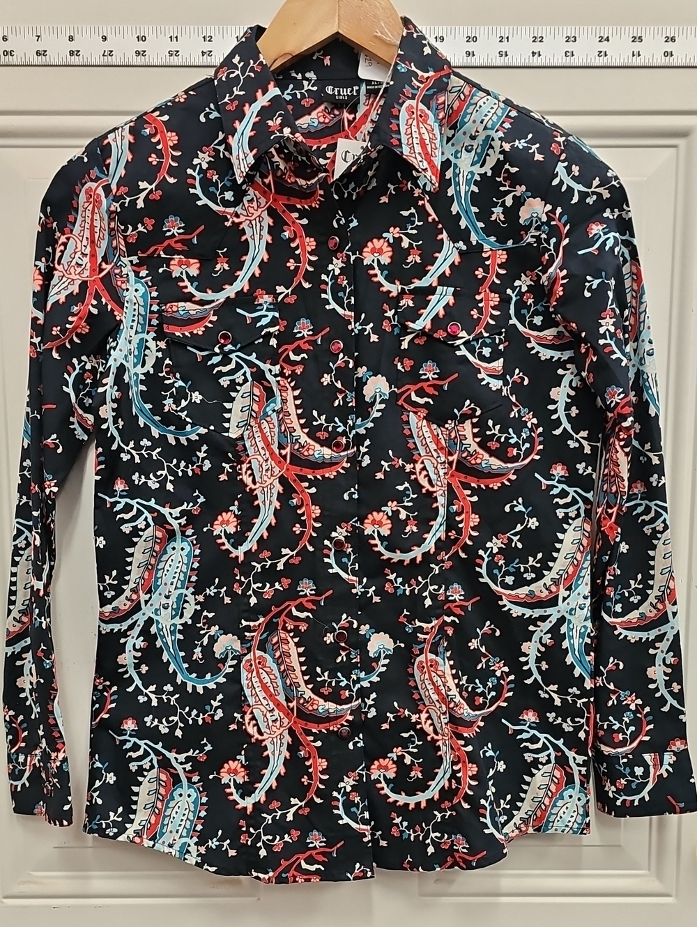 Cruel Girl Black Button-Down Shirt with Red and Light Blue Paisley Print